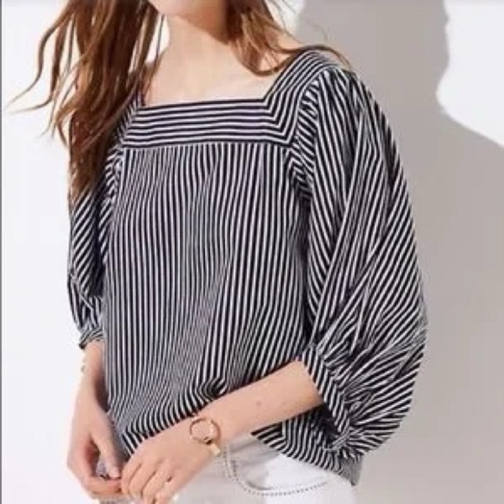 2/$30 Loft Square Neck Black & White Striped 3/4 Sleeve Top Size XS #0564